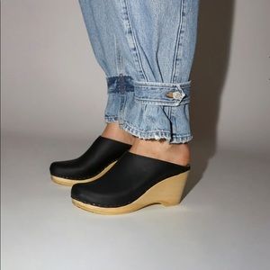 No. 6 Black Wedge Clogs, Size 38